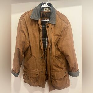 Vintage Winlit Genuine Leather Men's Coat Brown Plaid Lining Button Front